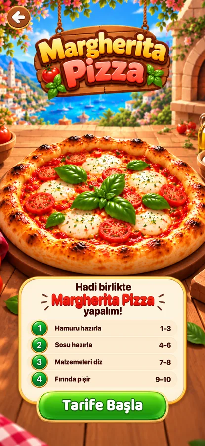 Game screen showing the four steps of the Margherita Pizza recipe
